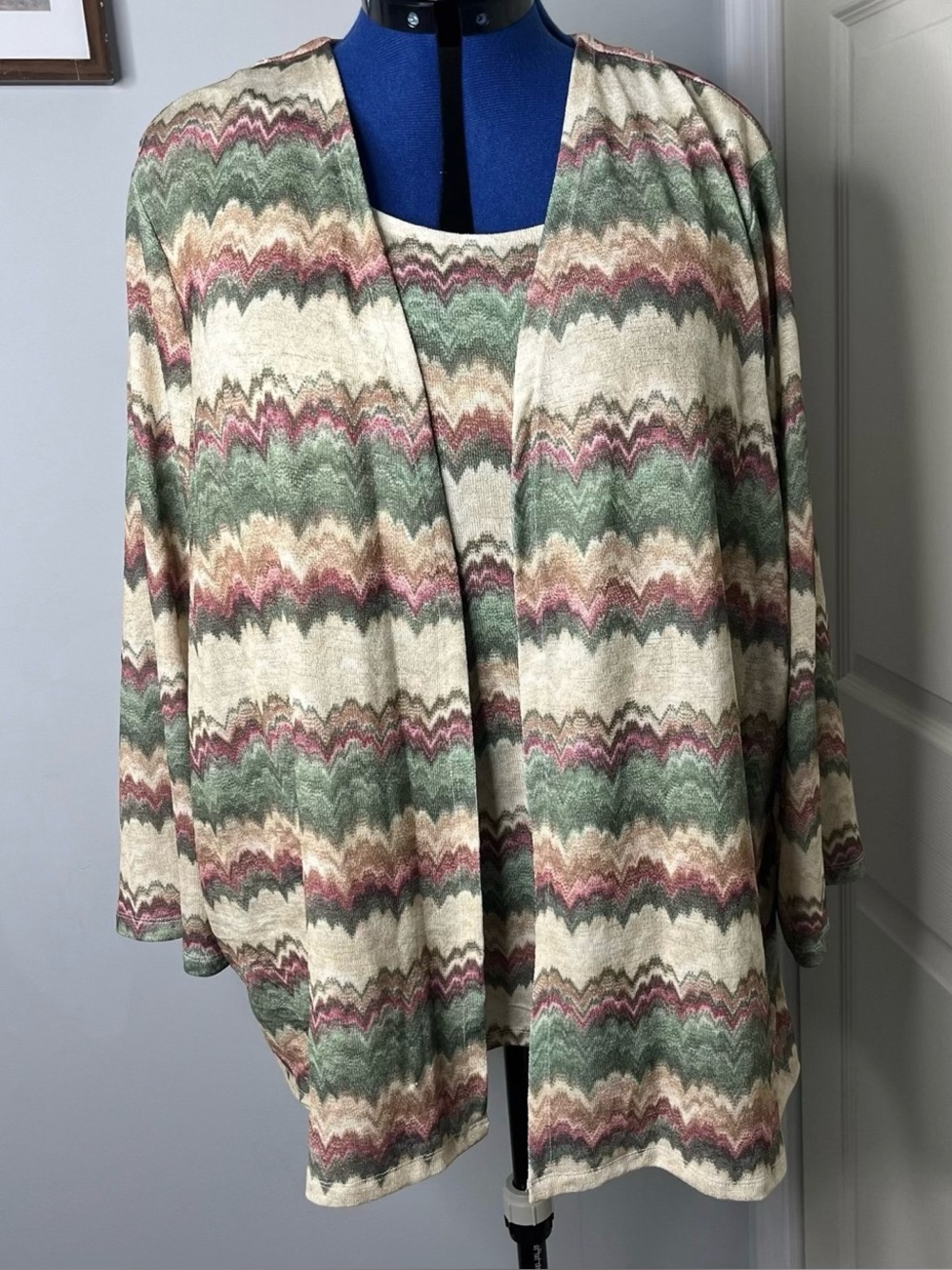 Alfred Dunner Chevron Open-Front Sweater Cardigan in Cream, Green & Pink